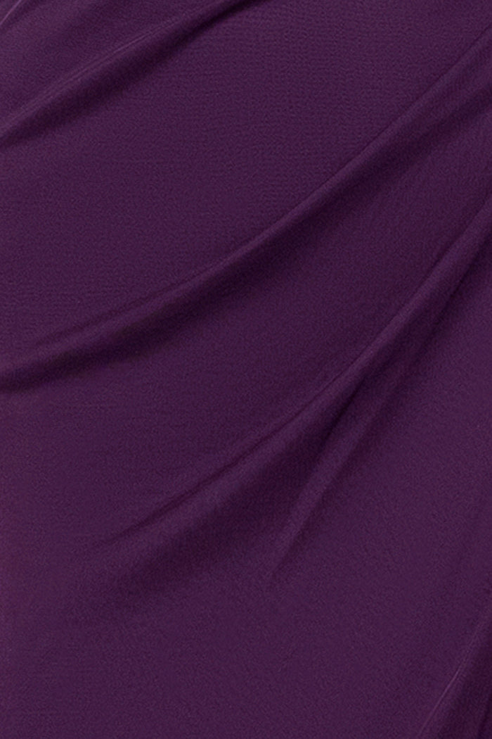 Plum “Lana” Sheer Matte Jersey Beaded Flutter Sleeve Dress, matte jersey fabric and ruching detail