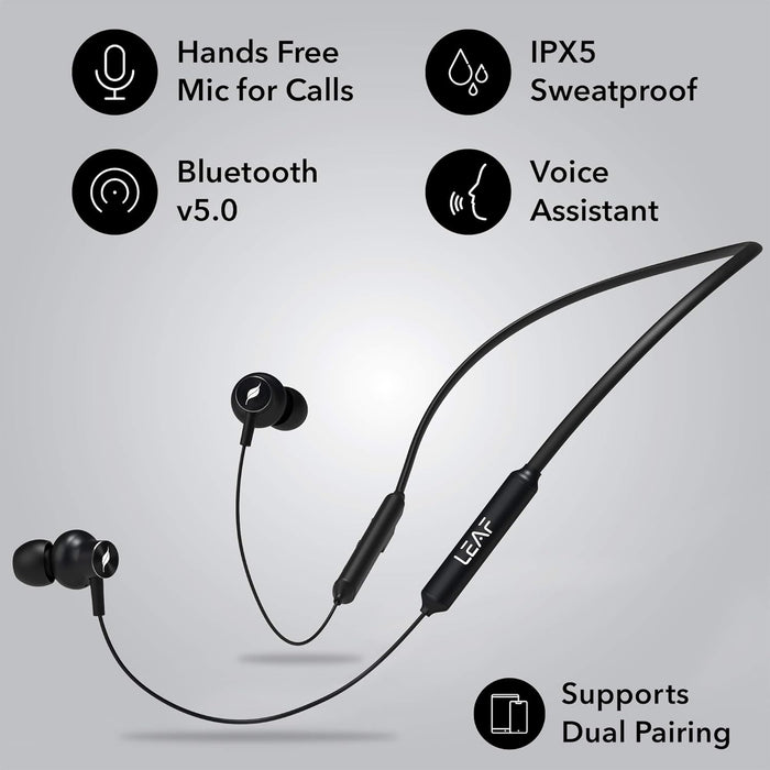 Leaf Flex Wireless Bluetooth Earphones with 8 Hours Battery and mic (Carbon Black)