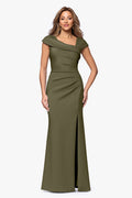 Olive “Lenore” Techno Scuba Asymmetrical Neckline Dress, front view