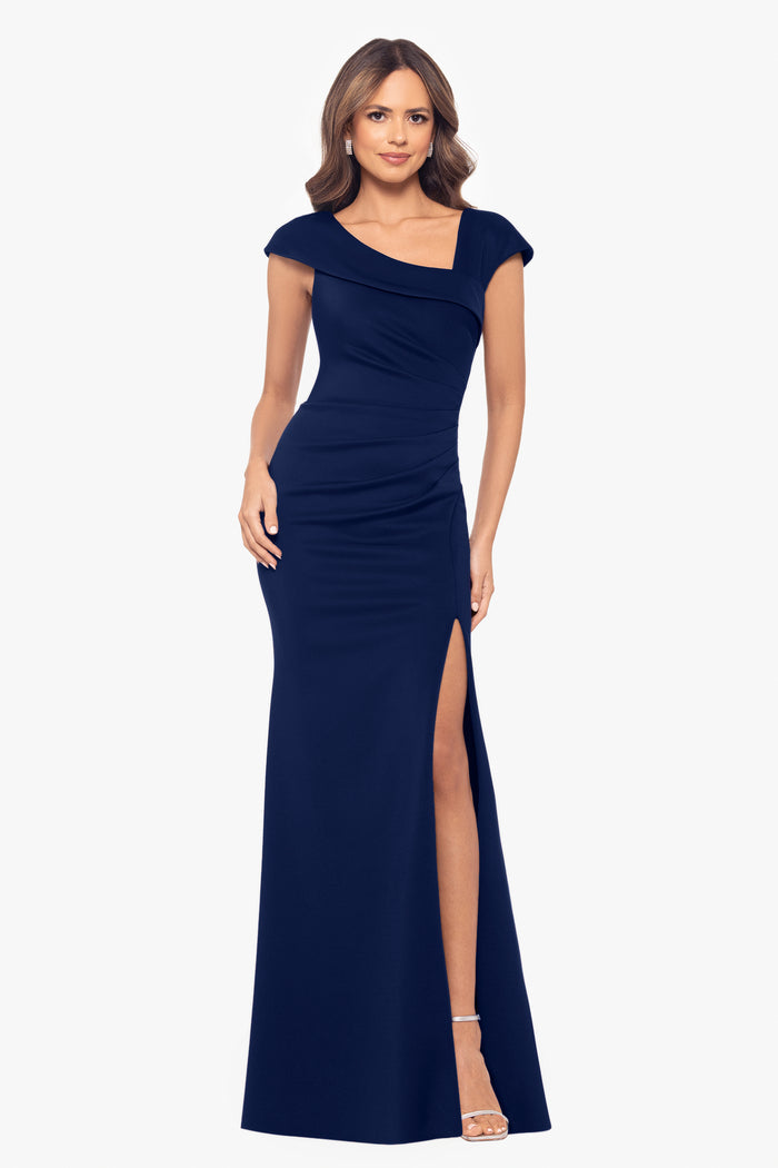 Midnight “Lenore” Techno Scuba Asymmetrical Neckline Dress, front view
