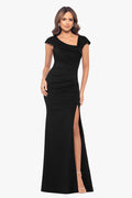 Black “Lenore” Techno Scuba Asymmetrical Neckline Dress, front view