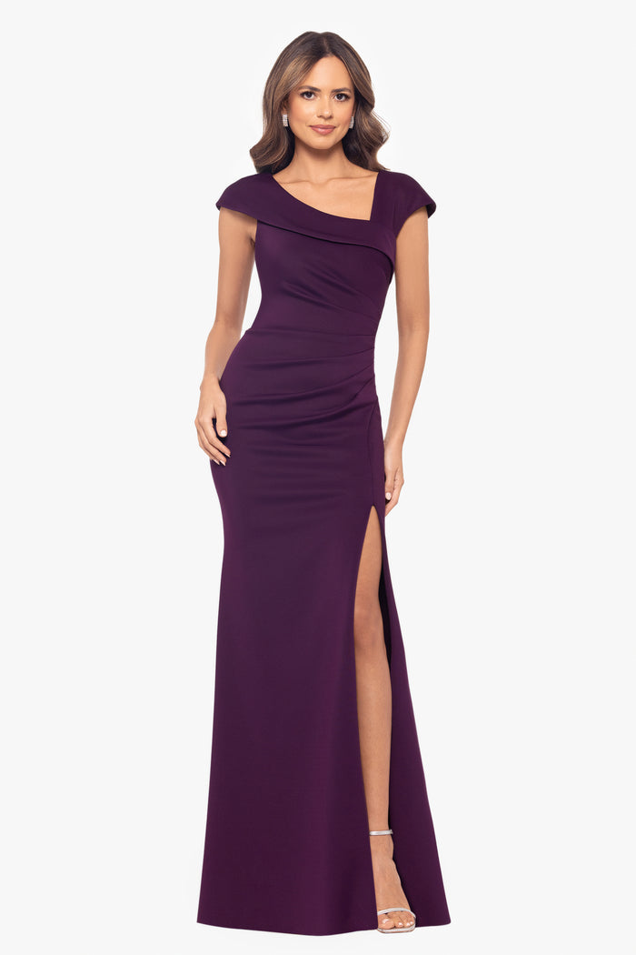 Plum “Lenore” Techno Scuba Asymmetrical Neckline Dress, front view