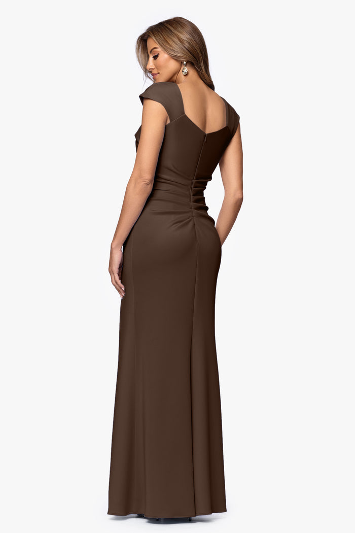 Brown “Lenore” Techno Scuba Asymmetrical Neckline Dress, back view