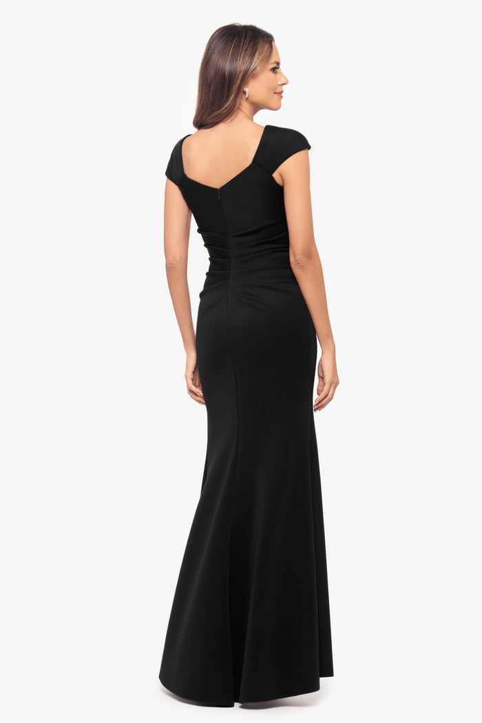 Black “Lenore” Techno Scuba Asymmetrical Neckline Dress, back view