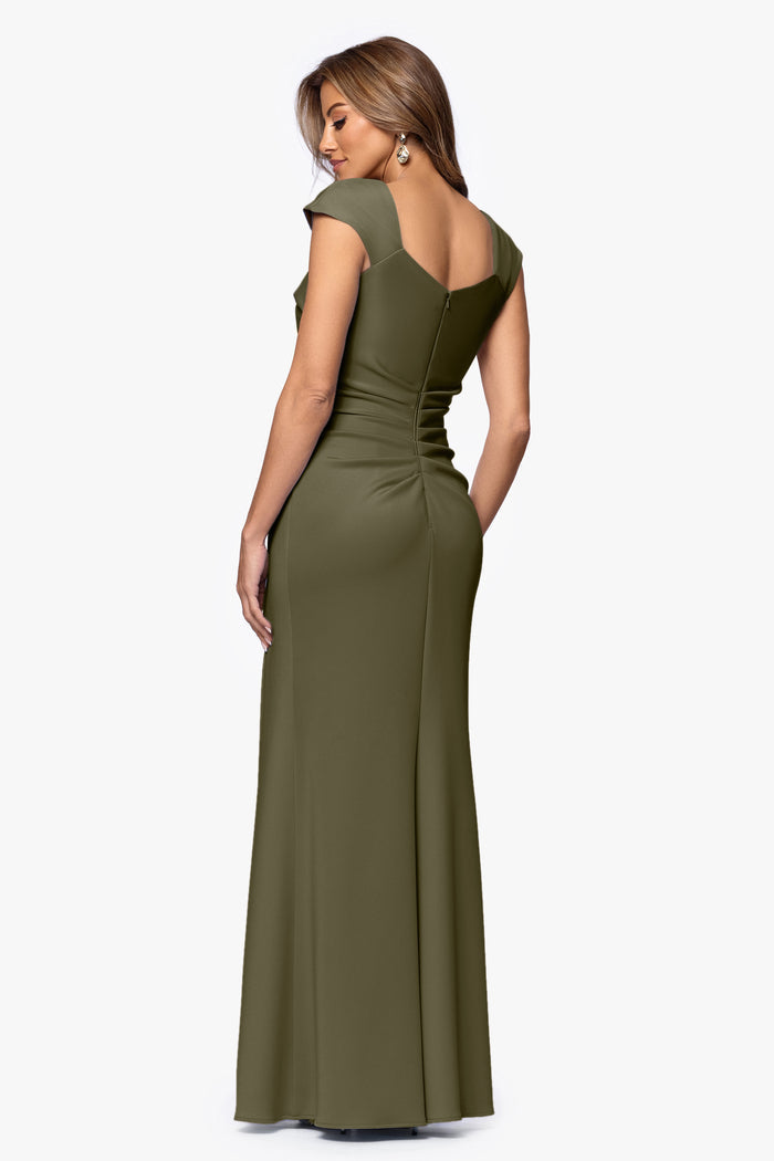 Olive “Lenore” Techno Scuba Asymmetrical Neckline Dress, back view