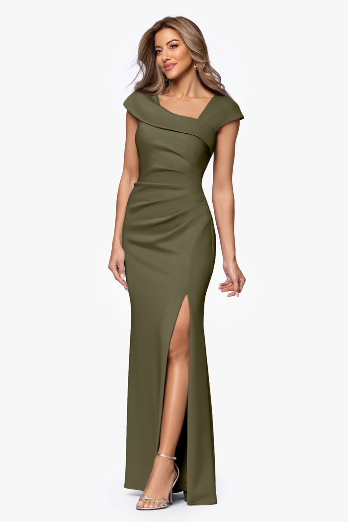 Olive “Lenore” Techno Scuba Asymmetrical Neckline Dress, alternate front view with side slit