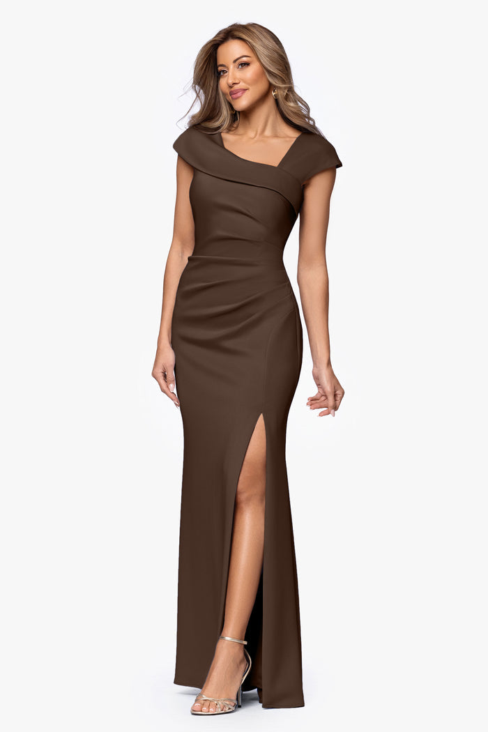 Brown “Lenore” Techno Scuba Asymmetrical Neckline Dress, three quarter view with side slit