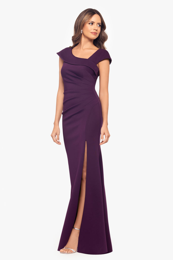 Plum “Lenore” Techno Scuba Asymmetrical Neckline Dress, alternate front view with side slit
