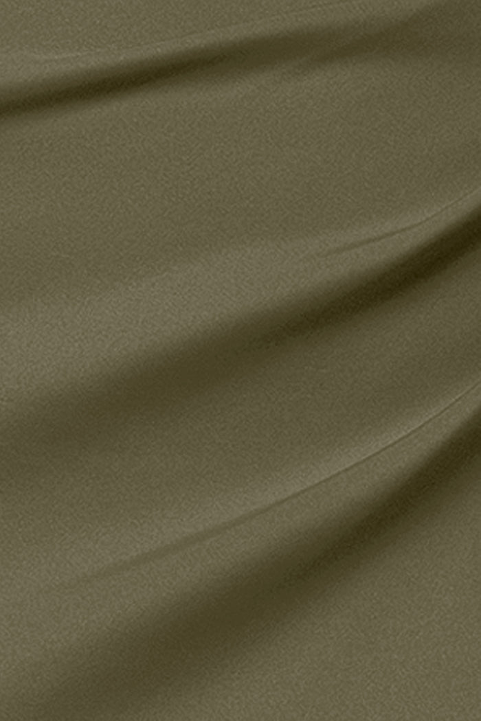 Olive “Lenore” Techno Scuba Asymmetrical Neckline Dress, techno scuba fabric detail