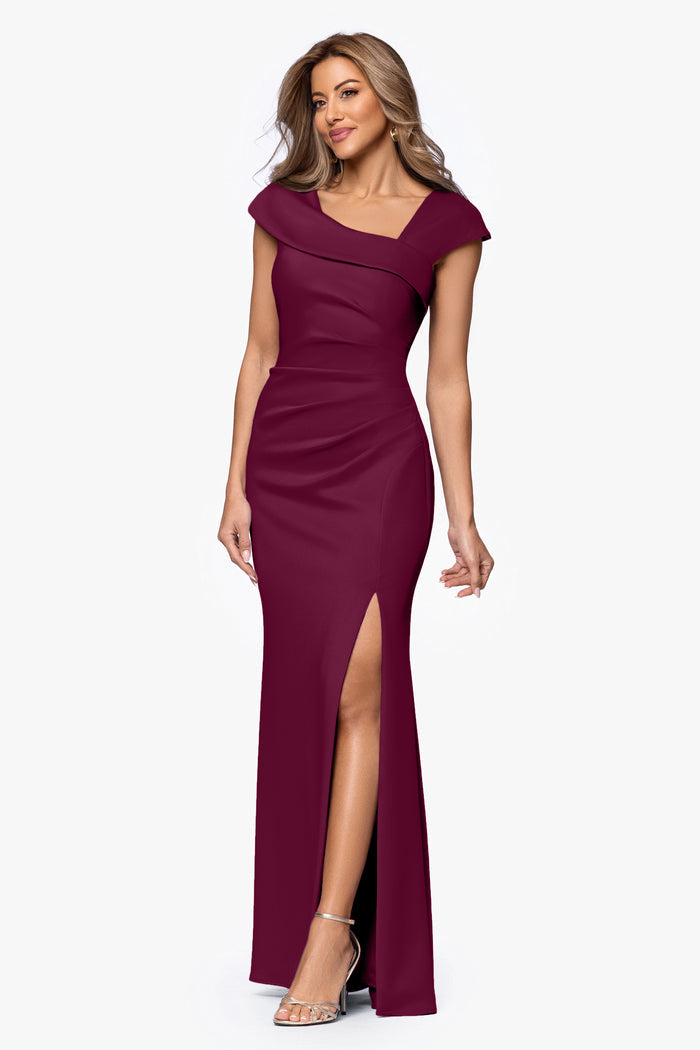 Raisin “Lenore” Techno Scuba Asymmetrical Neckline Dress, three quarter view with side slit