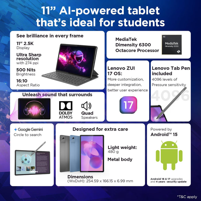 Lenovo Idea Tab Smartchoice |11" Display, 2.5K Resolution, 90Hz Refresh|8GB RAM, 256GB ROM| MediaTek Dimensity 6300| 7040mAh|4 Speakers| USB-C |Wi-Fi | Luna Grey - Unboxify