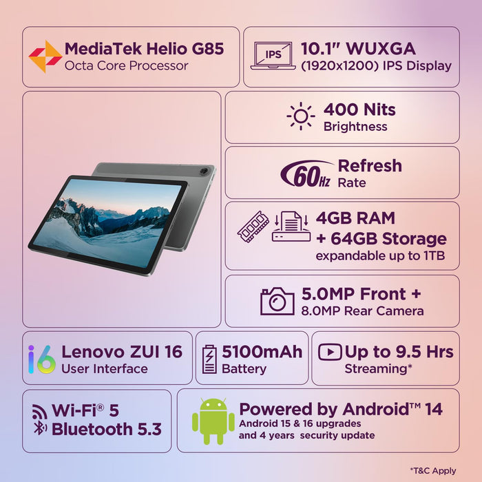 Lenovo Tab| 10.1" Display| 4G (LTE) + Wi-Fi (Calling)| 4 GB RAM + 64 GB ROM (Expandable up to 1 TB)| Metal Body| Dual Speakers with Dolby Atmos| Android 14 - Unboxify