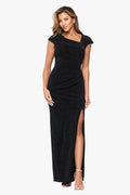 "Leon" Metallic Knit Cap Sleeve Asymmetrical Dress