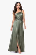 Olive “Leona” Satin Twist Waist Dress, front view