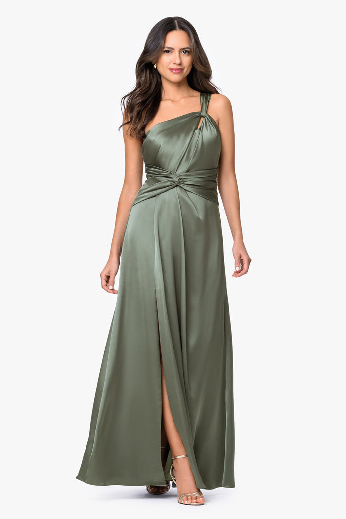 Olive “Leona” Satin Twist Waist Dress, front view