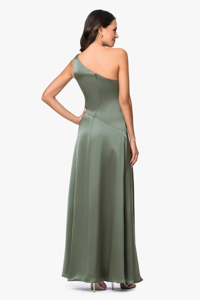 Olive “Leona” Satin Twist Waist Dress, back view