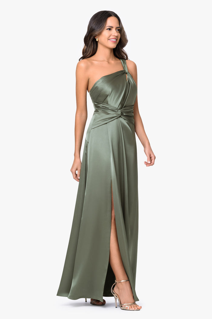 Olive “Leona” Satin Twist Waist Dress, angled three-quarter view with front slit