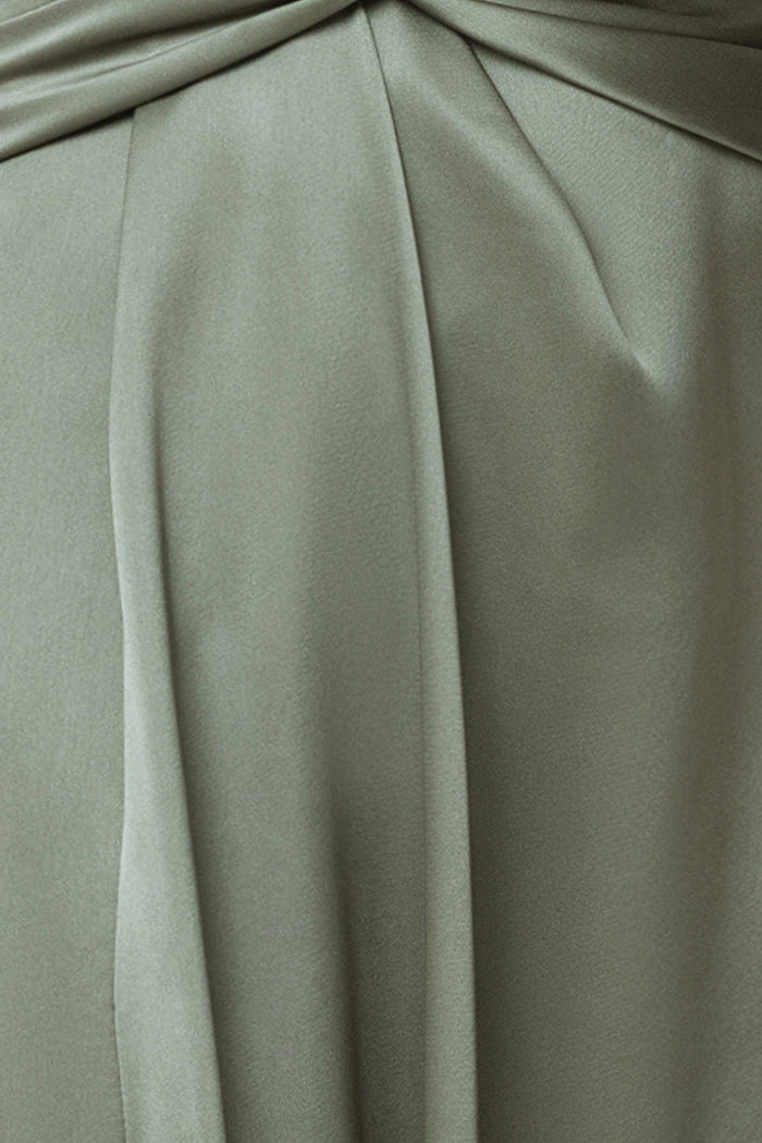Olive “Leona” Satin Twist Waist Dress, satin fabric and twist detail