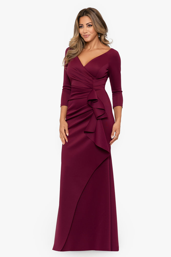 Wine “Lexi” Scuba Crepe Long Sleeve Dress, alternate front view