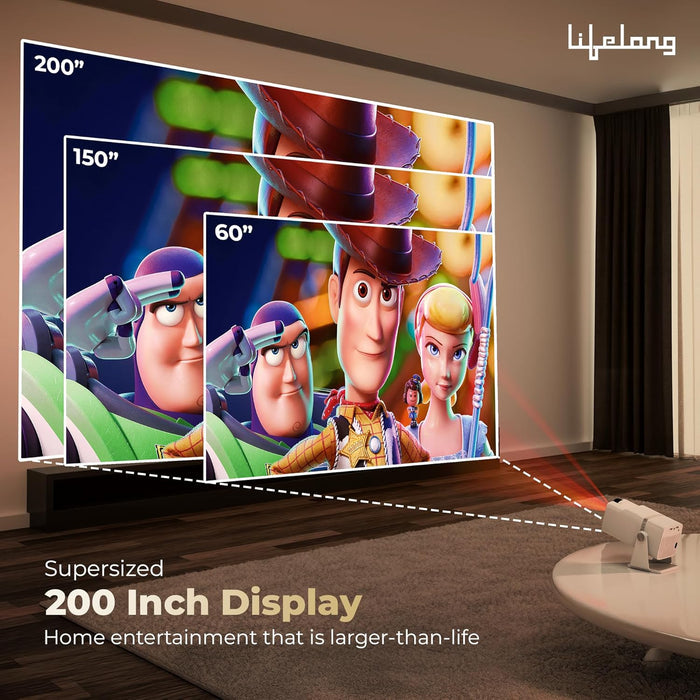 Lifelong Electronics Lightbeam X Smart Projector | Android, 1080P & 4K Ultra HD Support, 2X 3500 Lumens, 720p Native | For Room & Outdoors | All OTT Apps | WiFi/BT,Mirroring,USB,ARC,HDMI,180°,Speakers - Unboxify