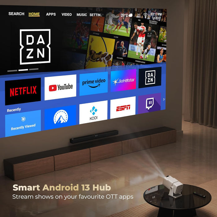 Lifelong Electronics Lightbeam X Smart Projector | Android, 1080P & 4K Ultra HD Support, 2X 3500 Lumens, 720p Native | For Room & Outdoors | All OTT Apps | WiFi/BT,Mirroring,USB,ARC,HDMI,180°,Speakers - Unboxify