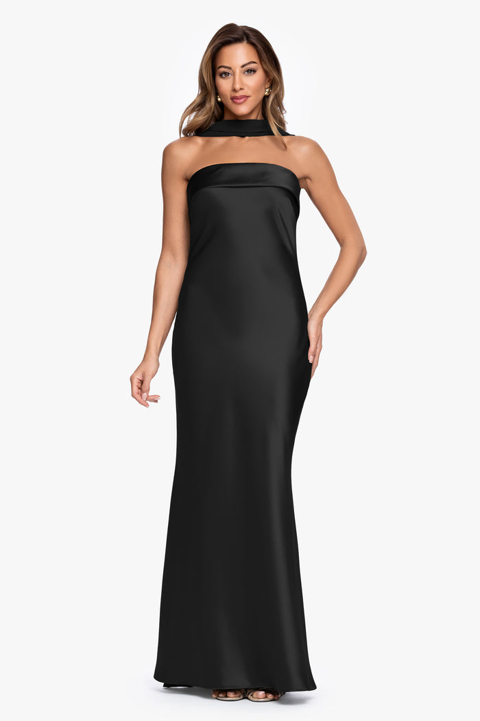 "Lila" Satin With Chiffon Scarf Dress
