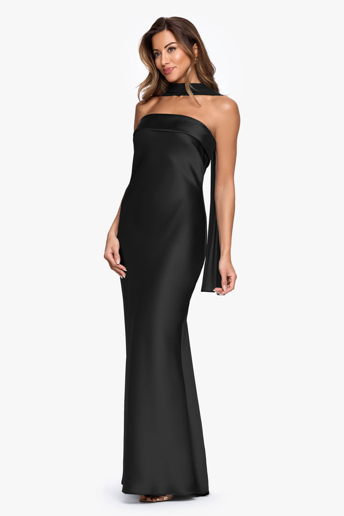 "Lila" Satin With Chiffon Scarf Dress