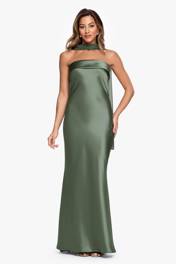 Olive “Lila” Satin With Hammered Chiffon Scarf Dress, front view