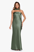 Olive “Lila” Satin With Hammered Chiffon Scarf Dress, front view