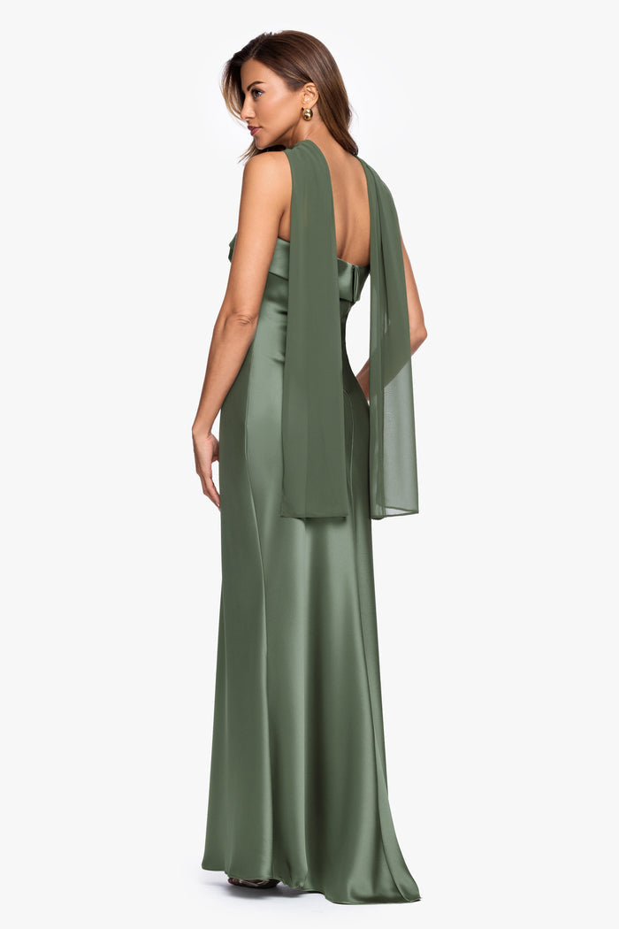 Olive “Lila” Satin With Hammered Chiffon Scarf Dress, back view showing the draped chiffon scarf