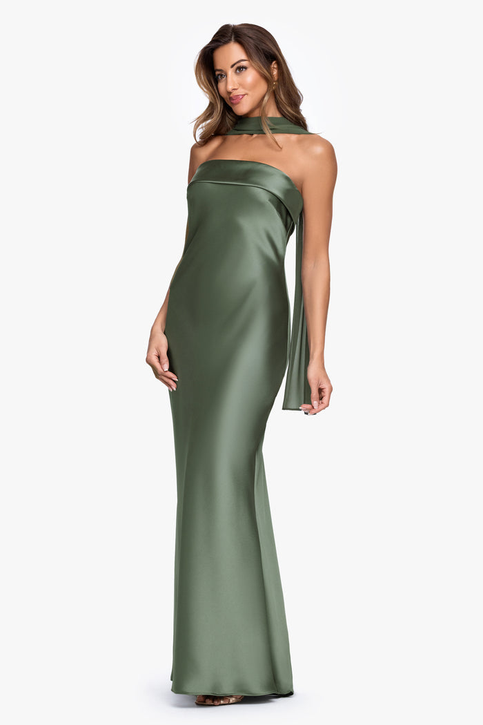 Olive “Lila” Satin With Hammered Chiffon Scarf Dress, angled three-quarter view