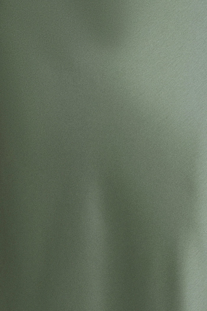 Olive “Lila” Satin With Hammered Chiffon Scarf Dress, satin fabric detail