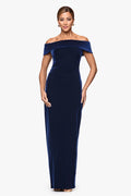 Navy “Lori” Velvet Off The Shoulder Ruched Dress, front view