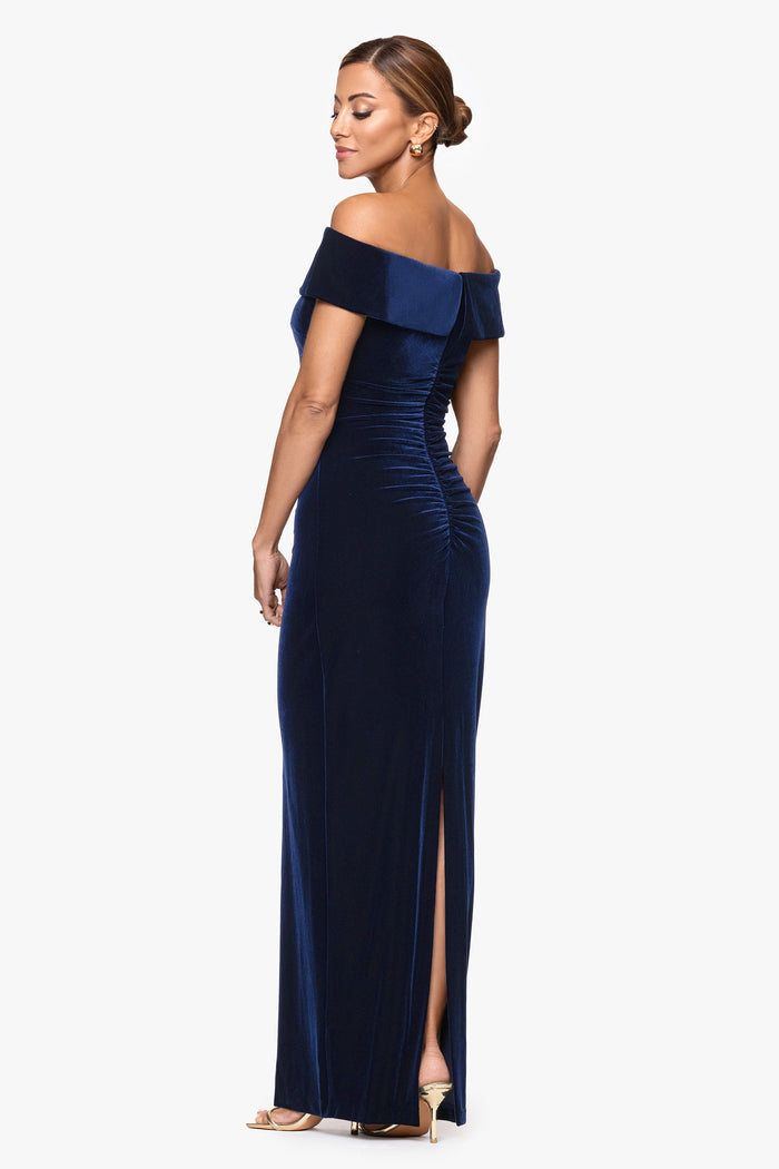 Navy “Lori” Velvet Off The Shoulder Ruched Dress, back view