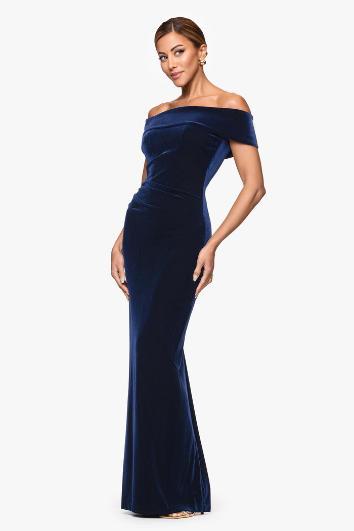 Navy “Lori” Velvet Off The Shoulder Ruched Dress, angled three-quarter view