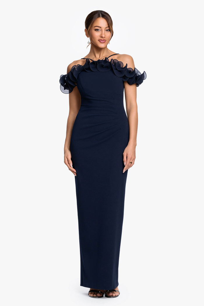 Navy “Luna” Scuba Crepe & Chiffon Ruffle Dress, front view