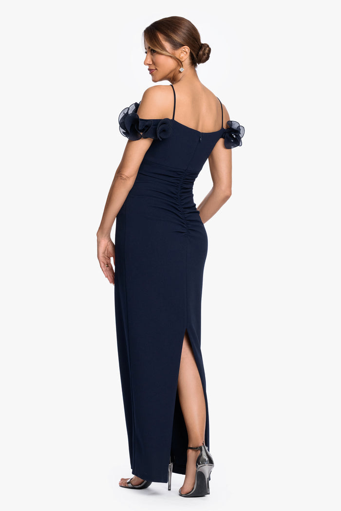 Navy “Luna” Scuba Crepe & Chiffon Ruffle Dress, back view