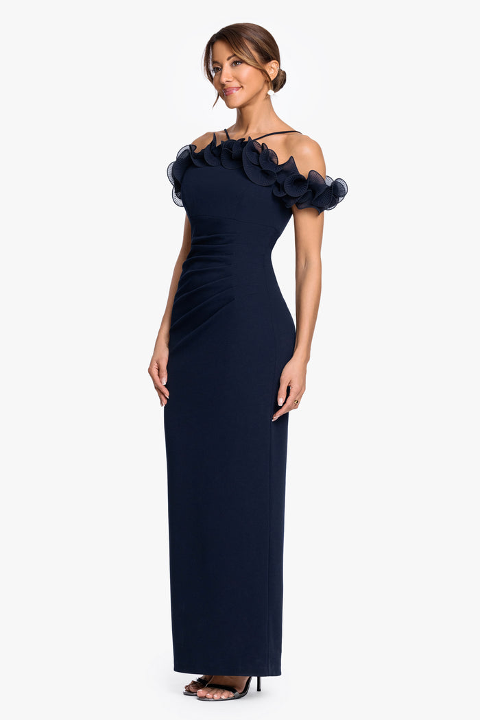 Navy “Luna” Scuba Crepe & Chiffon Ruffle Dress, angled three-quarter view