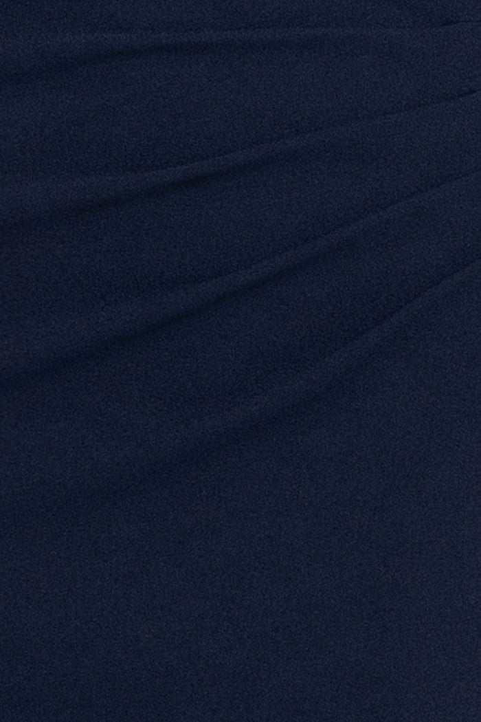 Navy “Luna” Scuba Crepe & Chiffon Ruffle Dress, scuba crepe fabric detail