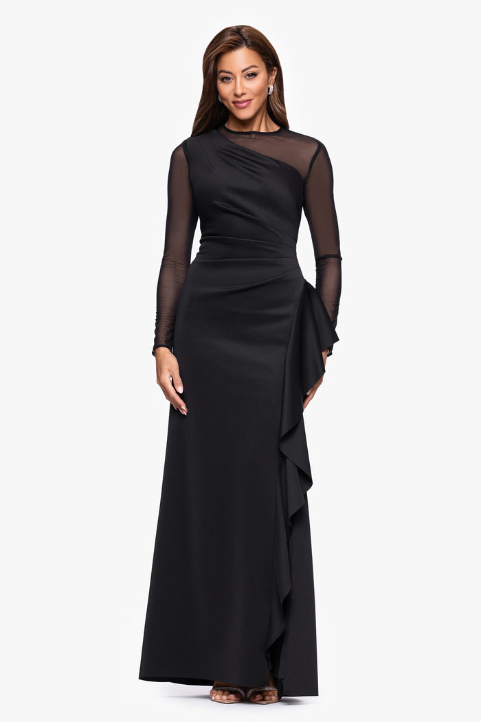 Black “Lyra” Techno Scuba Mesh Long Sleeve Dress, front view