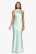 Sage “Mackenzie” Satin Back Sash Dress, front view