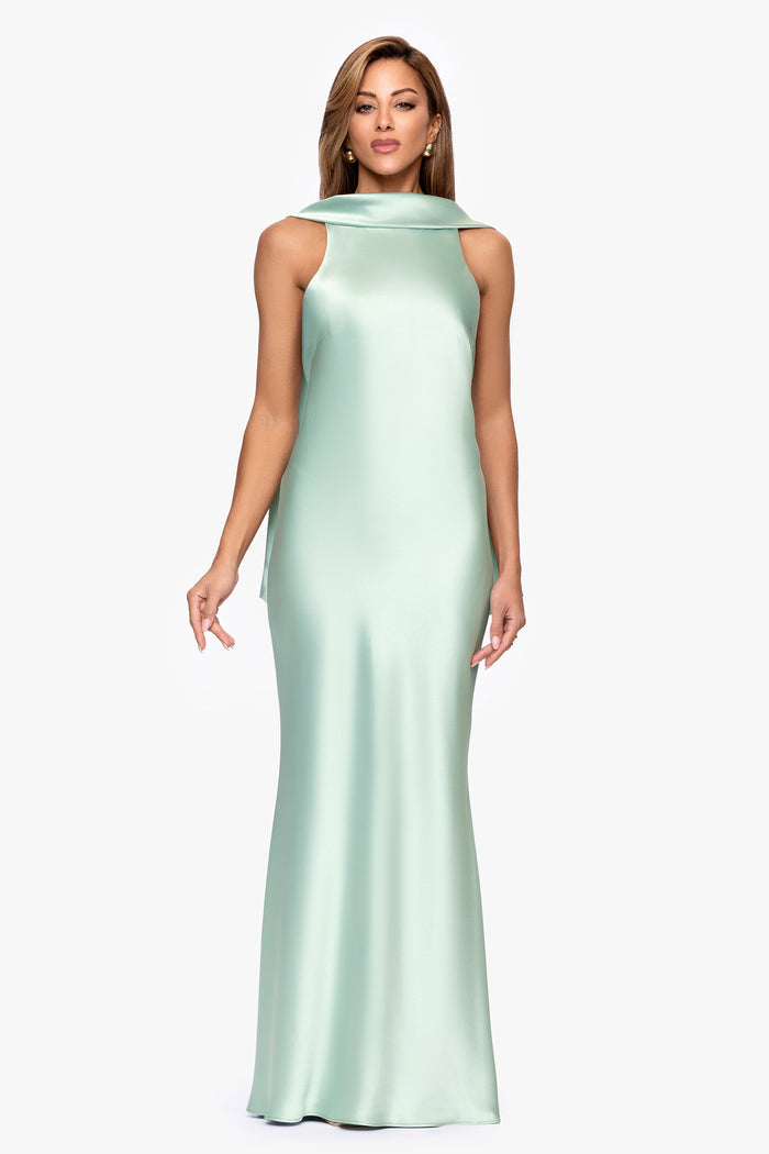 Sage “Mackenzie” Satin Back Sash Dress, front view