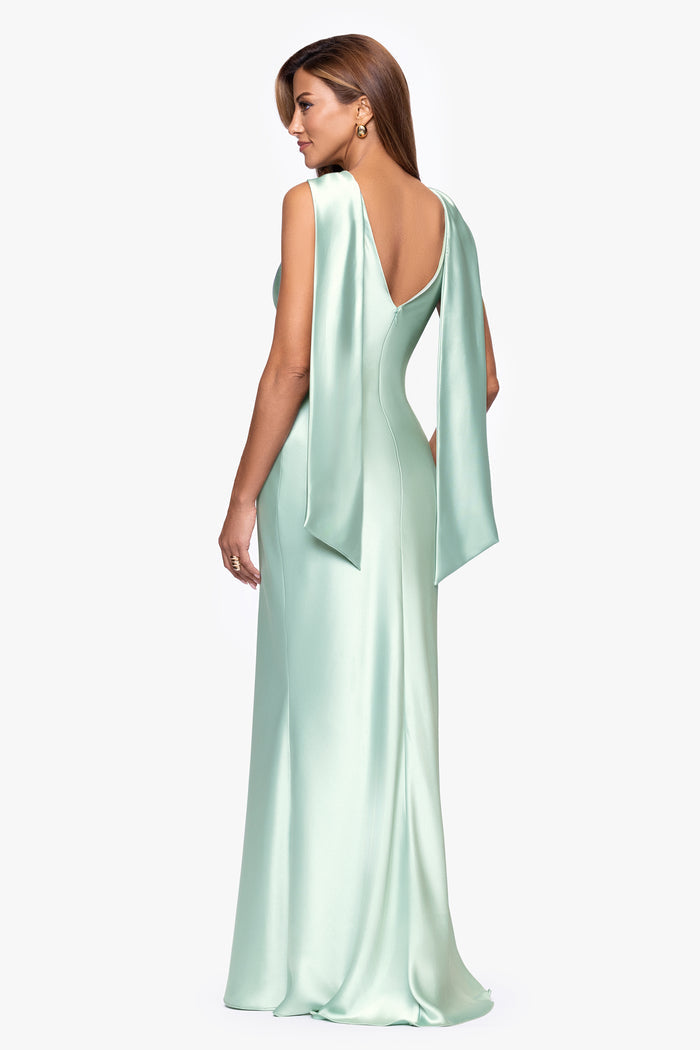 Sage “Mackenzie” Satin Back Sash Dress, back view with open back and flowing sash