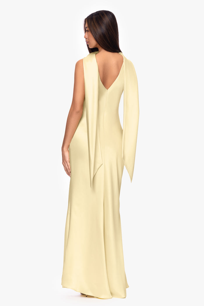 Butter “Mackenzie” Satin Back Sash Dress, back view with open back and flowing sash