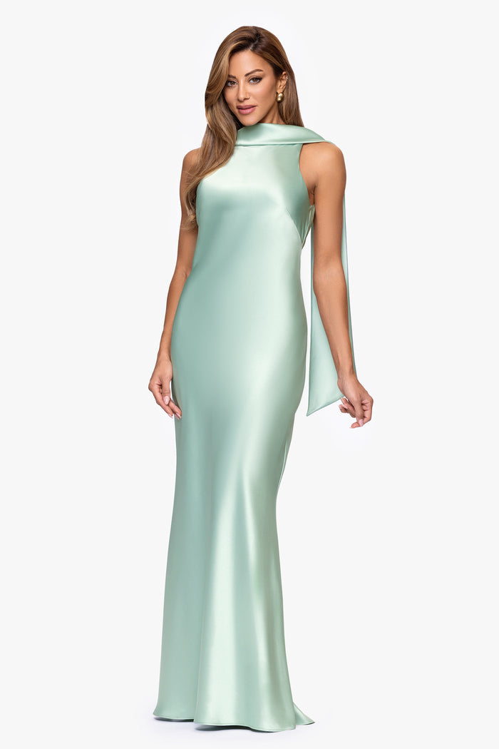 Sage “Mackenzie” Satin Back Sash Dress, angled three-quarter view
