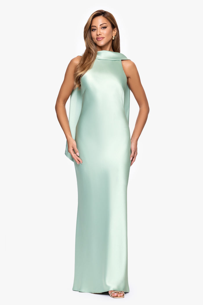 Sage “Mackenzie” Satin Back Sash Dress, alternate front view