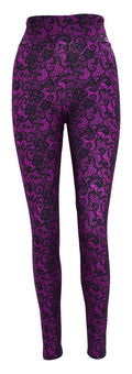 Magenta lace patterned leggings with intricate floral design