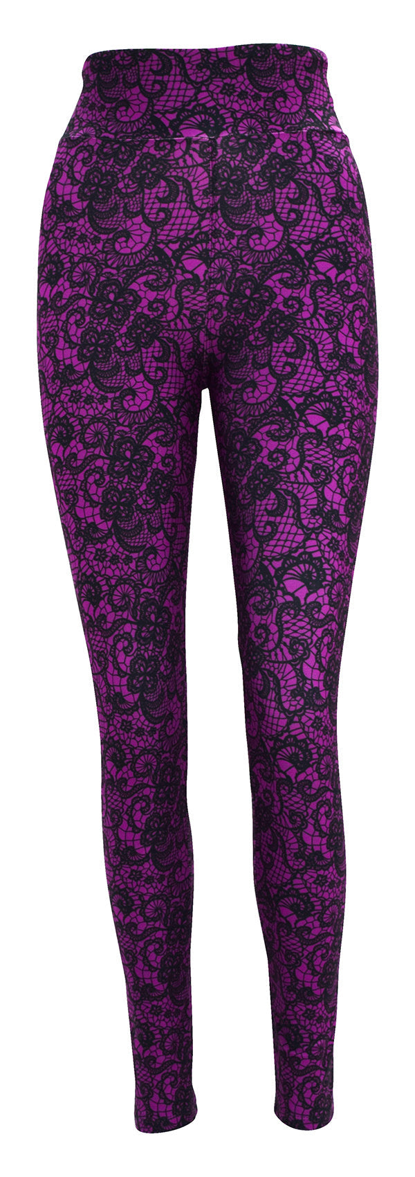 Magenta lace patterned leggings with intricate floral design