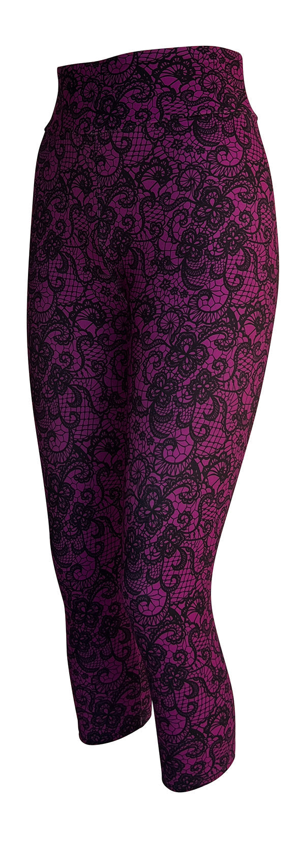 Magenta lace patterned leggings with intricate floral design