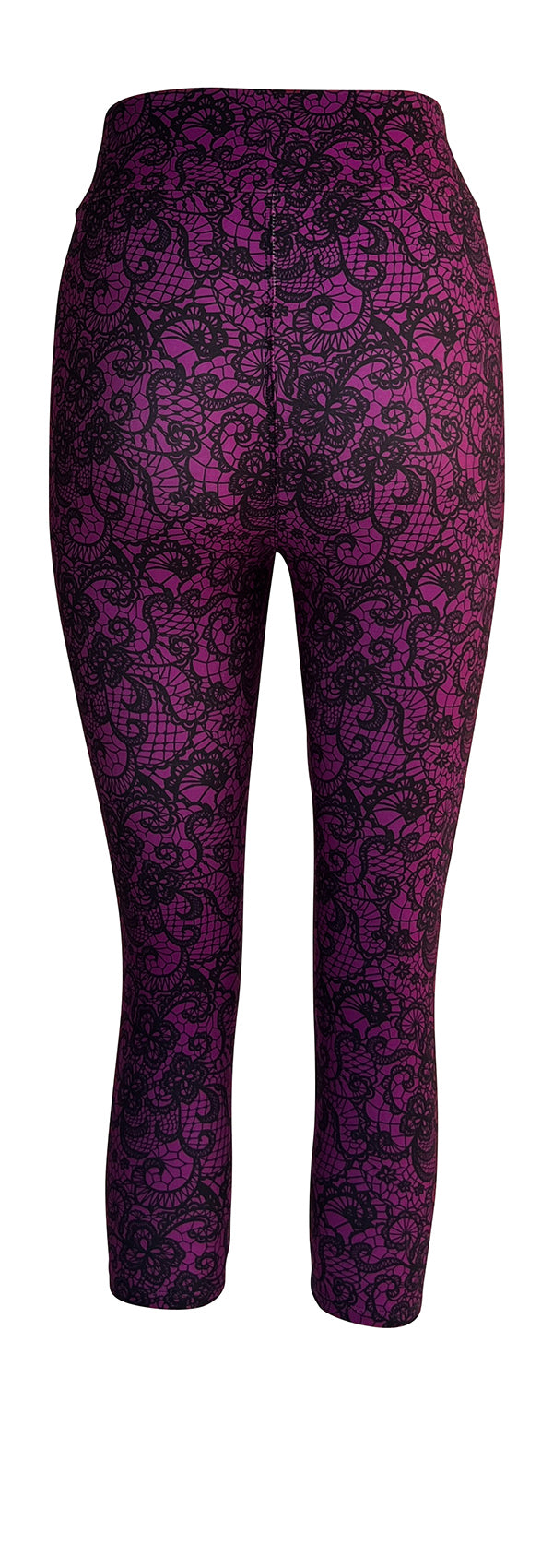 Magenta lace patterned leggings with intricate floral design